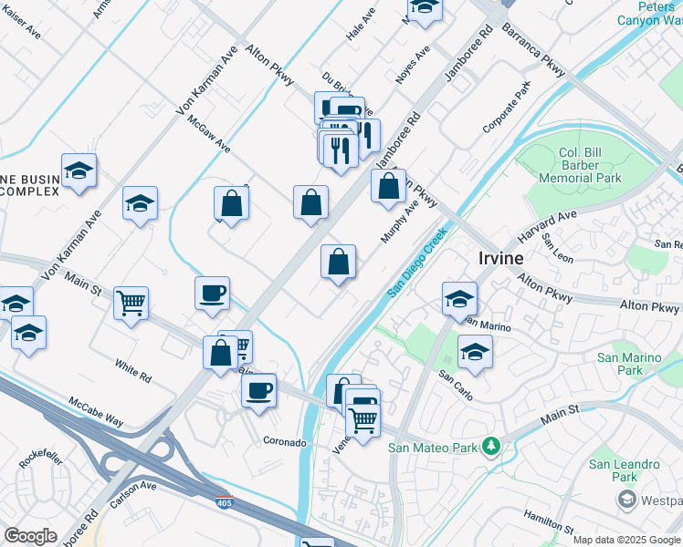 map of restaurants, bars, coffee shops, grocery stores, and more near 17321 Murphy Avenue in Irvine