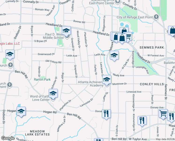 map of restaurants, bars, coffee shops, grocery stores, and more near 2621 Plantation Drive in East Point