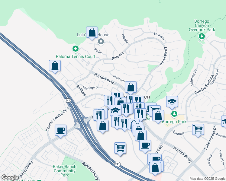 map of restaurants, bars, coffee shops, grocery stores, and more near 12 Belcrest in Lake Forest