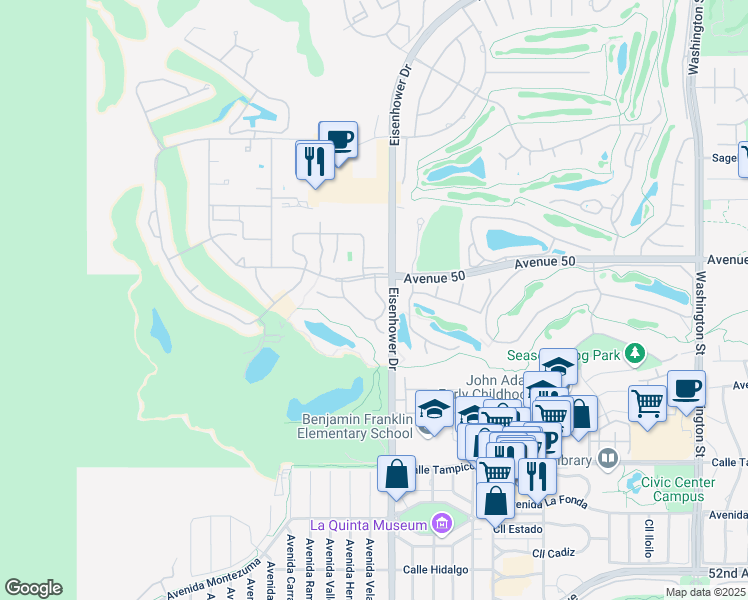 map of restaurants, bars, coffee shops, grocery stores, and more near 77703 Avenue Madrugada in La Quinta