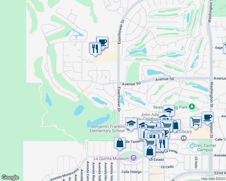 map of restaurants, bars, coffee shops, grocery stores, and more near 77682 Avenida Madrugada in La Quinta