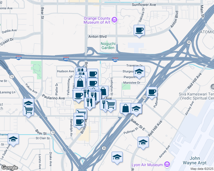 map of restaurants, bars, coffee shops, grocery stores, and more near 616 Brookview Way in Costa Mesa