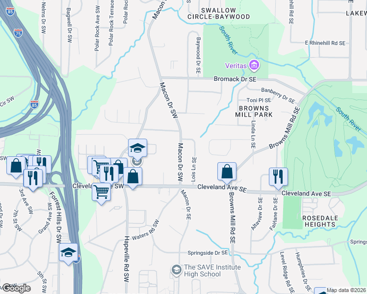 map of restaurants, bars, coffee shops, grocery stores, and more near 2602 Macon Drive Southwest in Atlanta