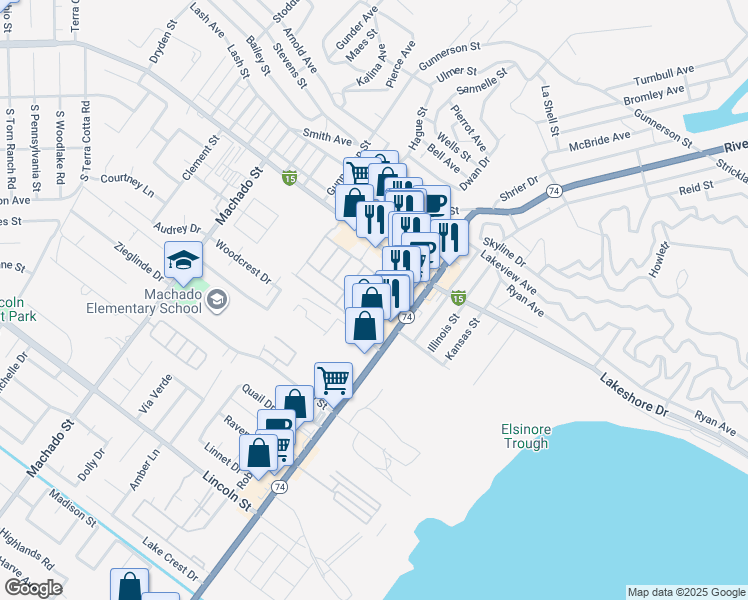 map of restaurants, bars, coffee shops, grocery stores, and more near 16639 Alviso Court in Lake Elsinore