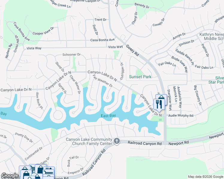 map of restaurants, bars, coffee shops, grocery stores, and more near 30081 Boat Haven Drive in Canyon Lake