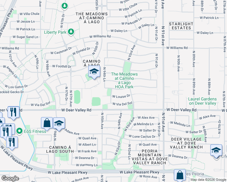 map of restaurants, bars, coffee shops, grocery stores, and more near 9384 West Sands Drive in Peoria