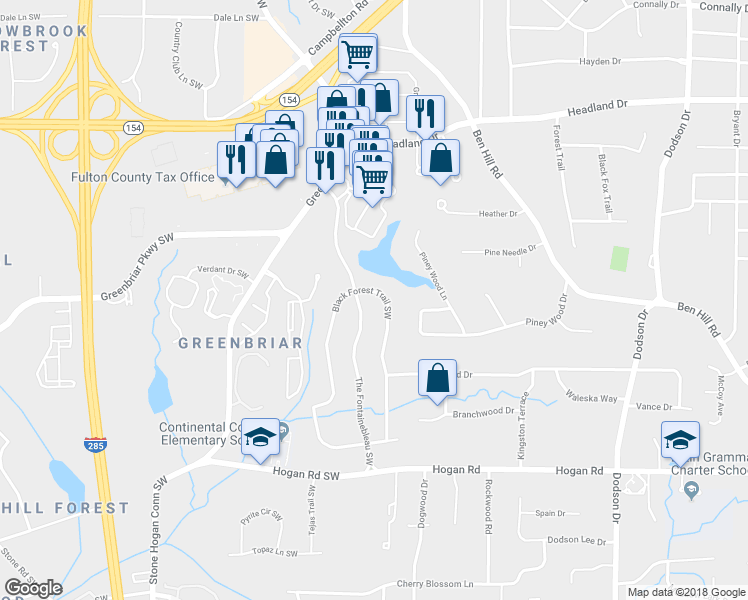 map of restaurants, bars, coffee shops, grocery stores, and more near 2613 Black Forest Trail Southwest in Atlanta