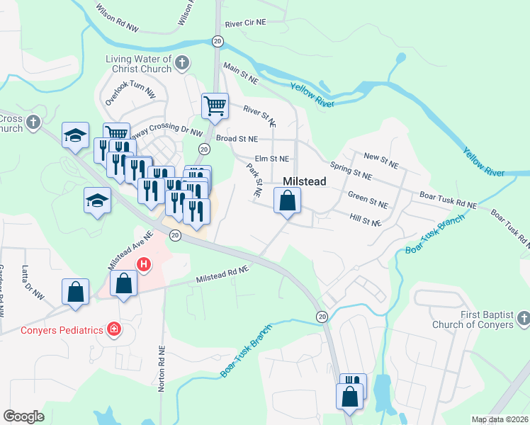 map of restaurants, bars, coffee shops, grocery stores, and more near 1589 Park Street in Conyers