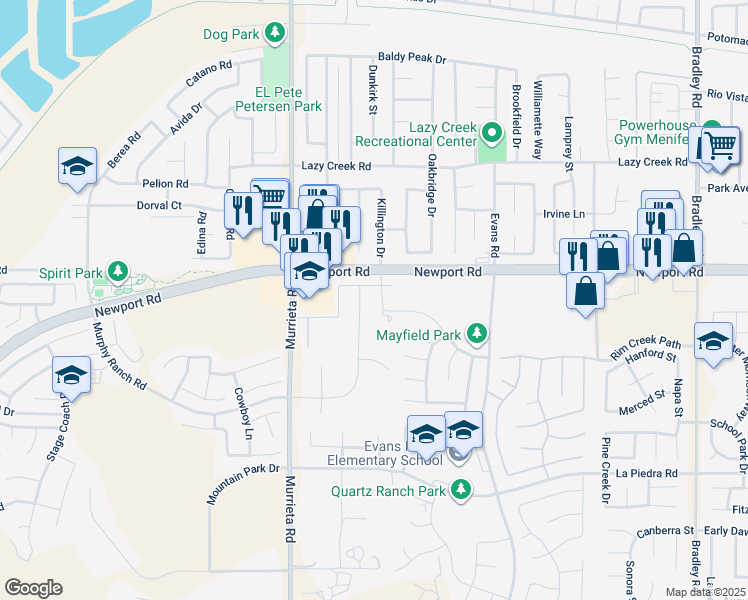 map of restaurants, bars, coffee shops, grocery stores, and more near 30103 Santa Rosalia Drive in Menifee
