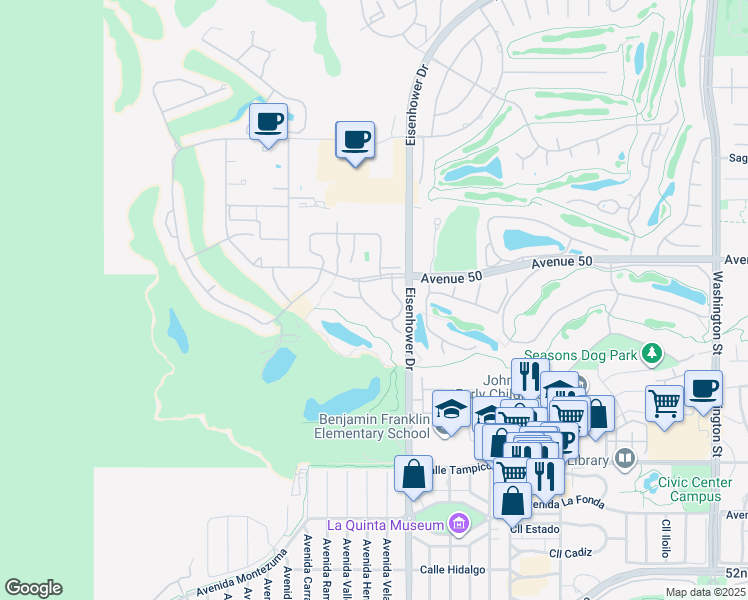 map of restaurants, bars, coffee shops, grocery stores, and more near 77538 Avenue Madrugada in La Quinta