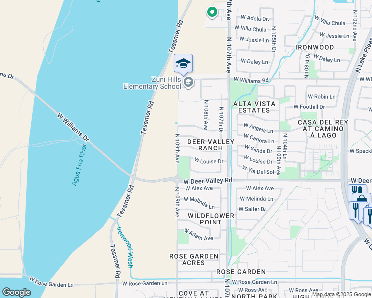 map of restaurants, bars, coffee shops, grocery stores, and more near 10853 West Sands Drive in Sun City