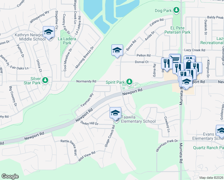 map of restaurants, bars, coffee shops, grocery stores, and more near 25419 Hitch Rail Lane in Menifee