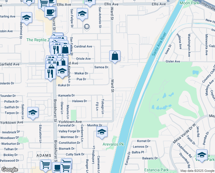 map of restaurants, bars, coffee shops, grocery stores, and more near 10432 Kukui Drive in Huntington Beach