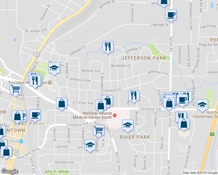 map of restaurants, bars, coffee shops, grocery stores, and more near 2607 Jefferson Terrace in Atlanta