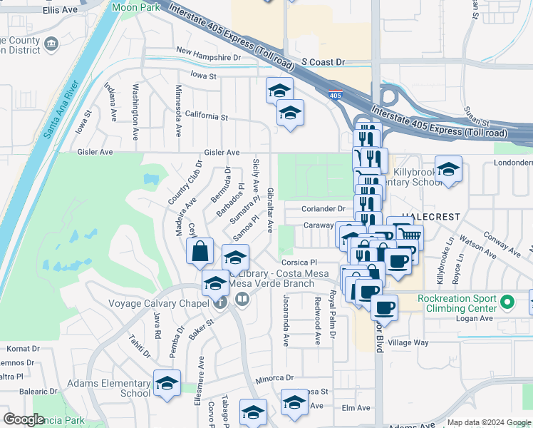 map of restaurants, bars, coffee shops, grocery stores, and more near 3119 Gibraltar Avenue in Costa Mesa