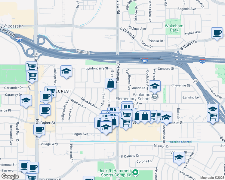 map of restaurants, bars, coffee shops, grocery stores, and more near 1213 Belfast Avenue in Costa Mesa