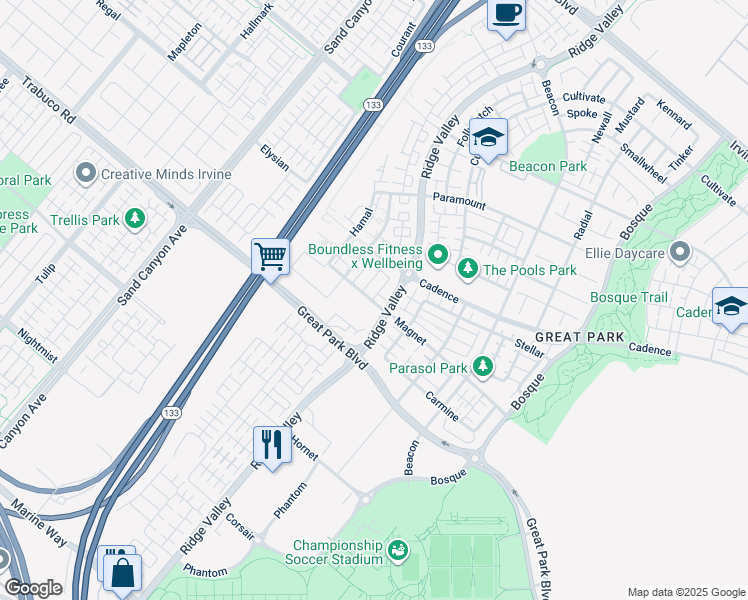 map of restaurants, bars, coffee shops, grocery stores, and more near 255 Magnet in Irvine