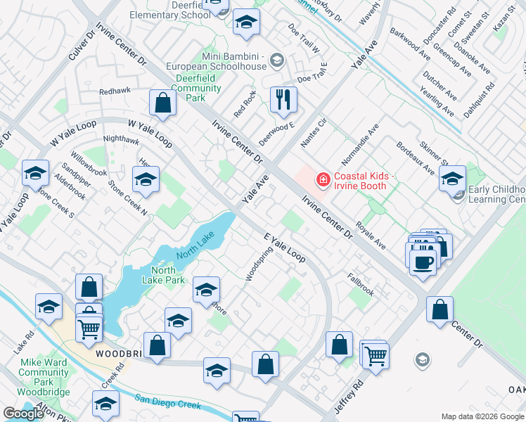 map of restaurants, bars, coffee shops, grocery stores, and more near 16 Acorn in Irvine