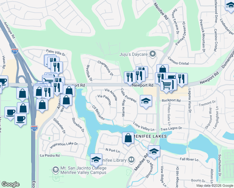 map of restaurants, bars, coffee shops, grocery stores, and more near 30136 Vía Amante in Menifee