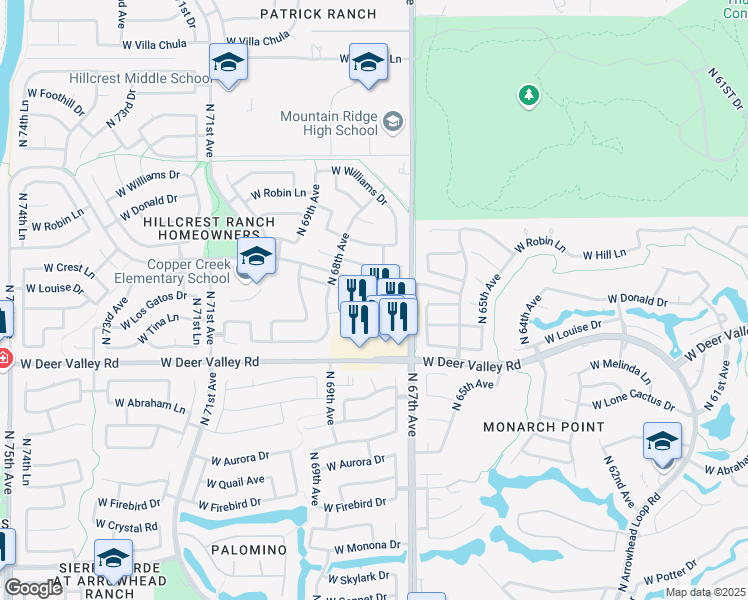 map of restaurants, bars, coffee shops, grocery stores, and more near 6735 West Hillcrest Boulevard in Glendale