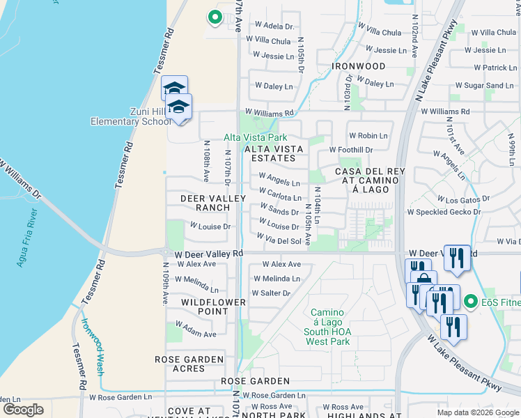 map of restaurants, bars, coffee shops, grocery stores, and more near 10625 West Sands Drive in Peoria