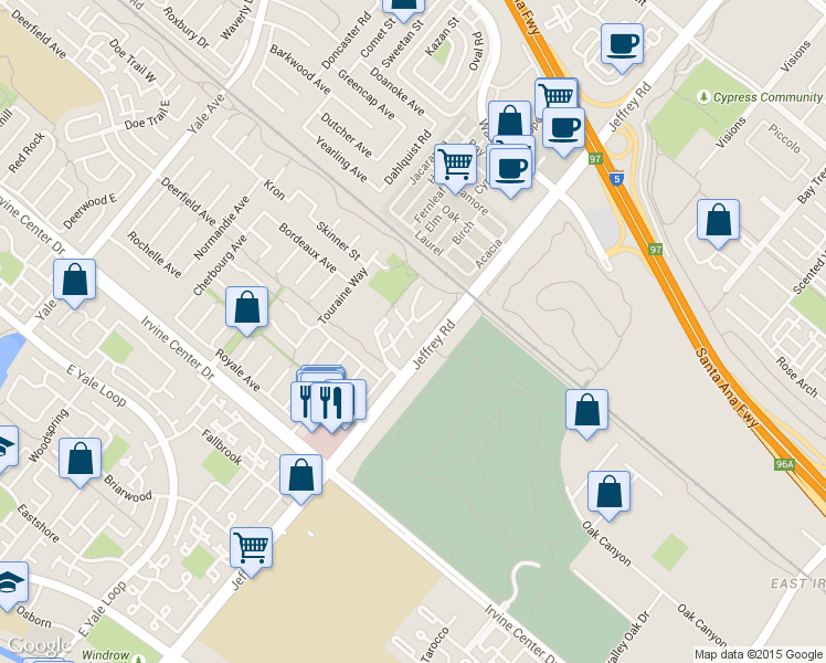 map of restaurants, bars, coffee shops, grocery stores, and more near 3 Locust in Irvine