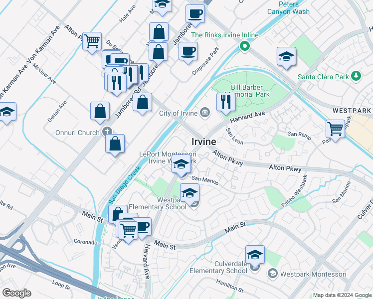 map of restaurants, bars, coffee shops, grocery stores, and more near 6 Marbella Aisle in Irvine