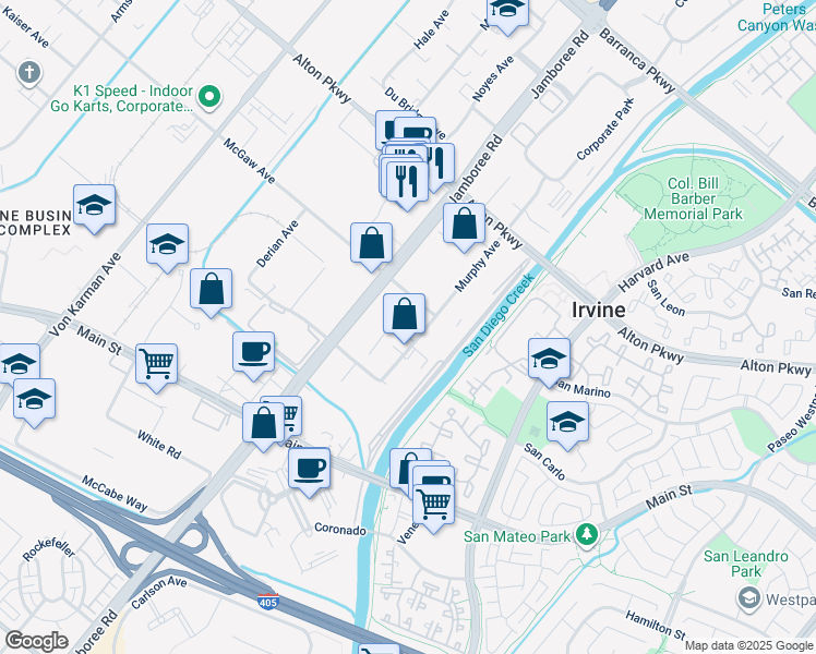 map of restaurants, bars, coffee shops, grocery stores, and more near 17321 Murphy Avenue in Irvine