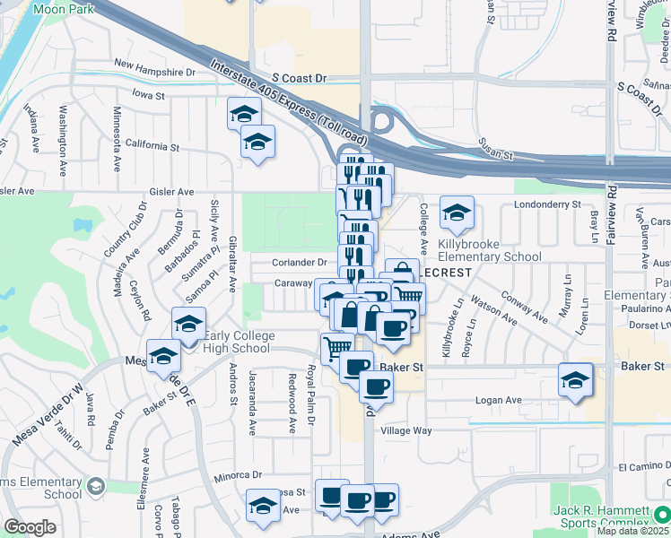 map of restaurants, bars, coffee shops, grocery stores, and more near 1551 Coriander Drive in Costa Mesa