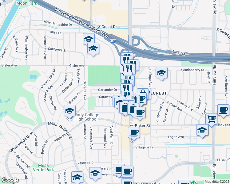 map of restaurants, bars, coffee shops, grocery stores, and more near 1551 Coriander Drive in Costa Mesa
