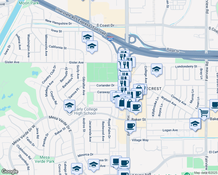 map of restaurants, bars, coffee shops, grocery stores, and more near 1587 Coriander Drive in Costa Mesa