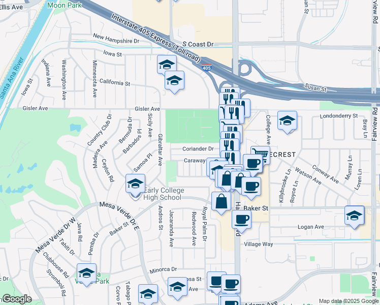 map of restaurants, bars, coffee shops, grocery stores, and more near 1623 Coriander Drive in Costa Mesa