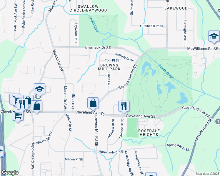 map of restaurants, bars, coffee shops, grocery stores, and more near 2599 Browns Mill Road Southeast in Atlanta