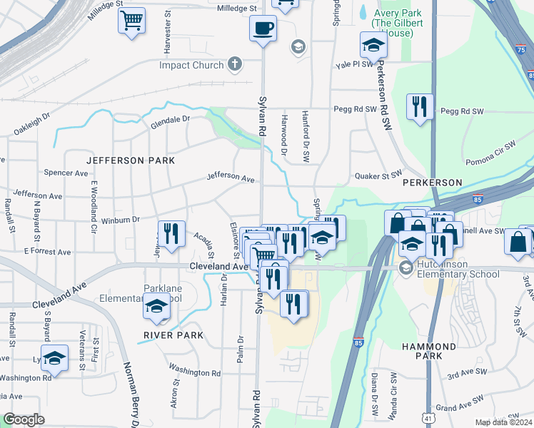 map of restaurants, bars, coffee shops, grocery stores, and more near in East Point