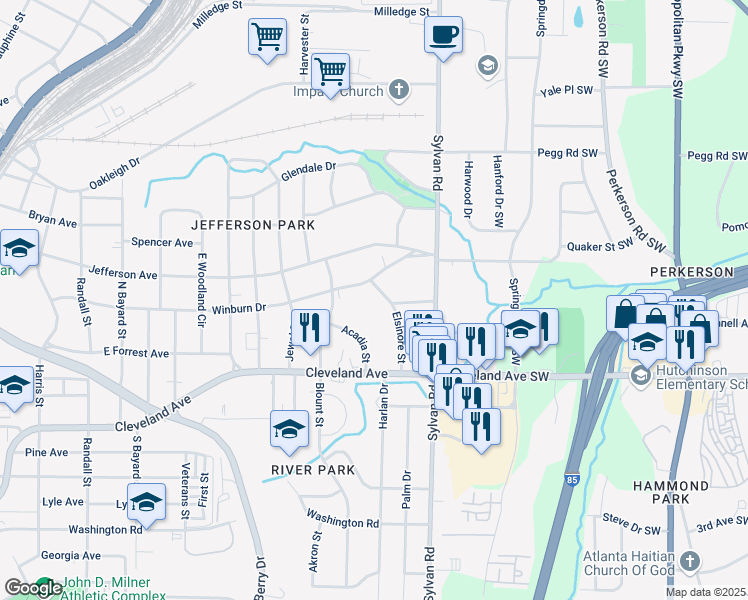 map of restaurants, bars, coffee shops, grocery stores, and more near 1006 Winburn Drive in East Point