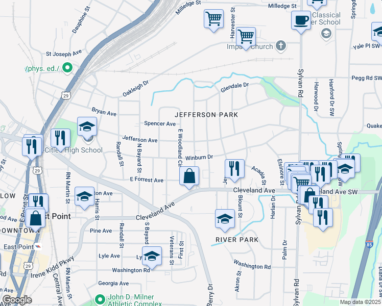 map of restaurants, bars, coffee shops, grocery stores, and more near 2607 Jefferson Terrace in Atlanta