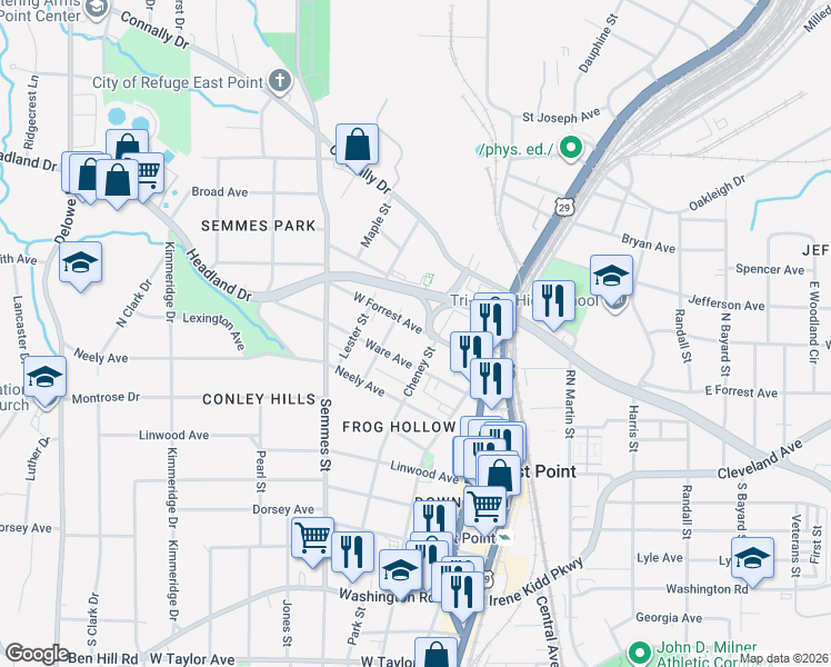 map of restaurants, bars, coffee shops, grocery stores, and more near 1688 West Forrest Avenue in Atlanta