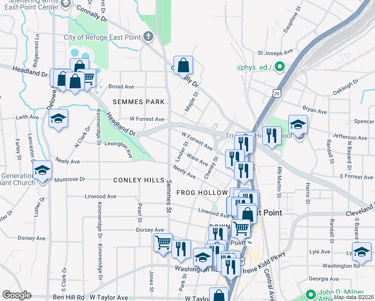 map of restaurants, bars, coffee shops, grocery stores, and more near 2611 Oak Street in Atlanta