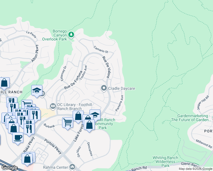 map of restaurants, bars, coffee shops, grocery stores, and more near Rue De Valore in Lake Forest