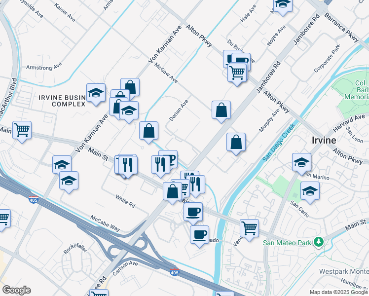 map of restaurants, bars, coffee shops, grocery stores, and more near 2760 Kelvin Avenue in Irvine