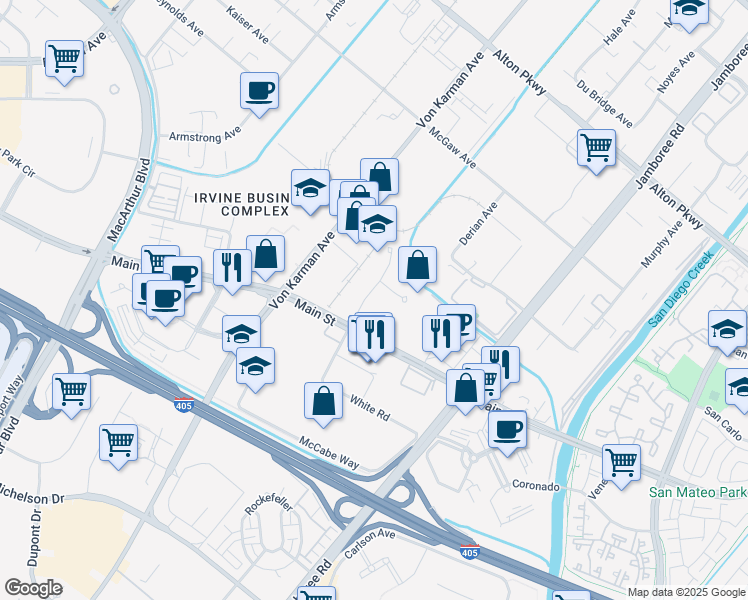 map of restaurants, bars, coffee shops, grocery stores, and more near 17600 Cartwright Road in Irvine