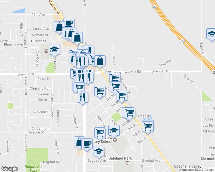 map of restaurants, bars, coffee shops, grocery stores, and more near 50284 California 111 in Coachella