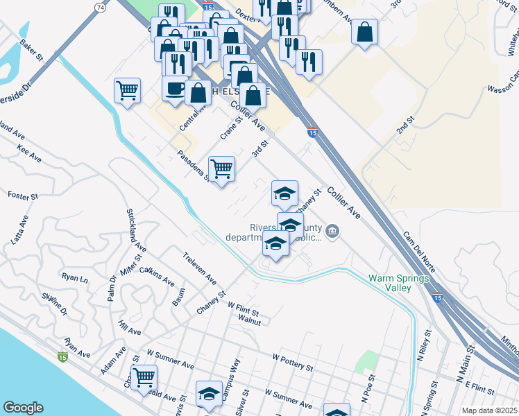 map of restaurants, bars, coffee shops, grocery stores, and more near 556 Birch Street in Lake Elsinore