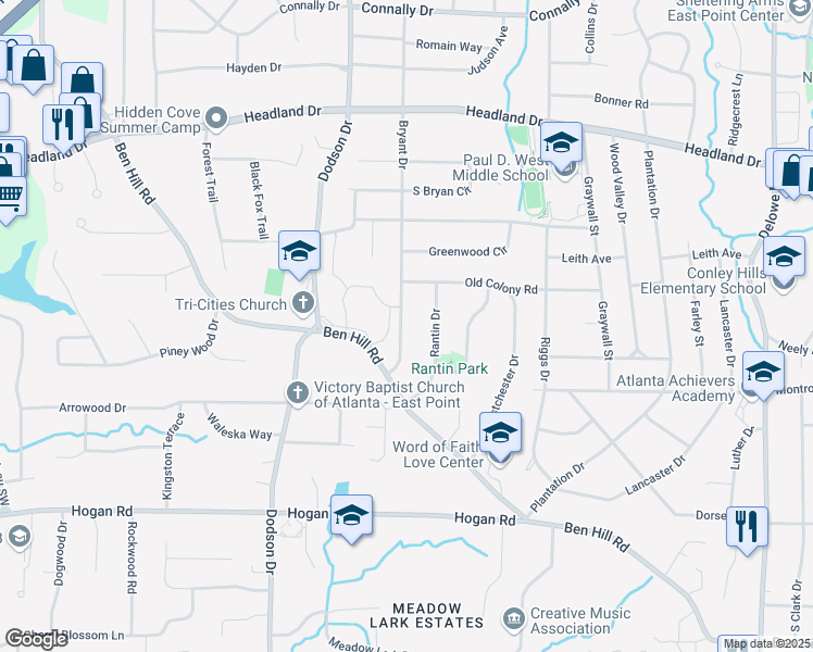 map of restaurants, bars, coffee shops, grocery stores, and more near 2624 Bryant Drive in Atlanta