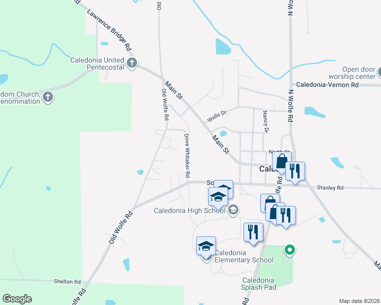 map of restaurants, bars, coffee shops, grocery stores, and more near 197 Dove Whitaker Road in Caledonia