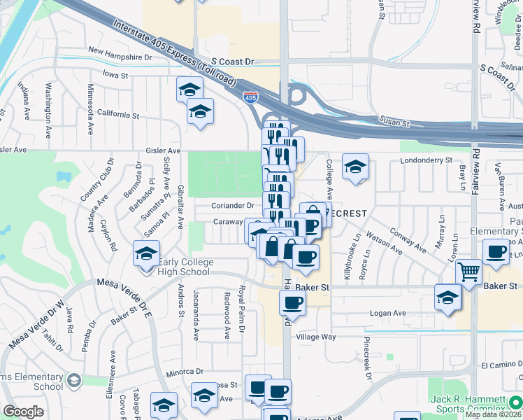 map of restaurants, bars, coffee shops, grocery stores, and more near 1545 Coriander Drive in Costa Mesa