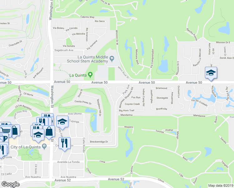 map of restaurants, bars, coffee shops, grocery stores, and more near 78965 Dry Creek Road in La Quinta