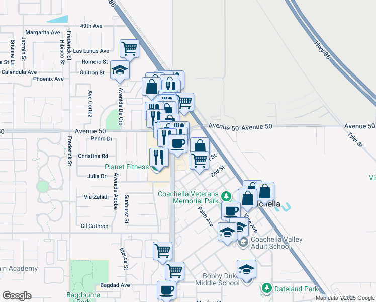 map of restaurants, bars, coffee shops, grocery stores, and more near 1511 1st Street in Coachella