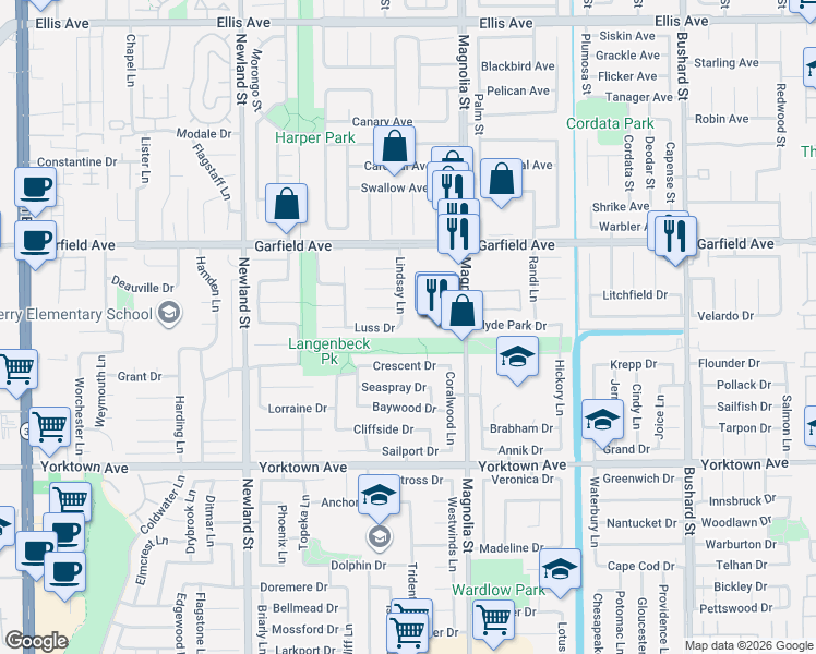 map of restaurants, bars, coffee shops, grocery stores, and more near 19182 Lindsay Lane in Huntington Beach