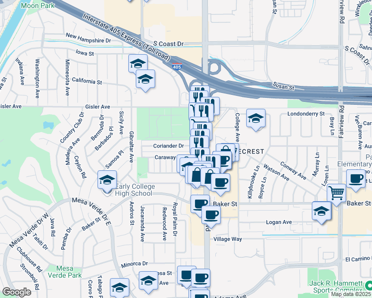map of restaurants, bars, coffee shops, grocery stores, and more near 1551 Coriander Drive in Costa Mesa